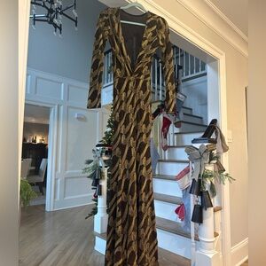 Monaco Metallic Gold and Brown Long Sleeve Dress holiday stretch 2 4 6 8 10 sexy